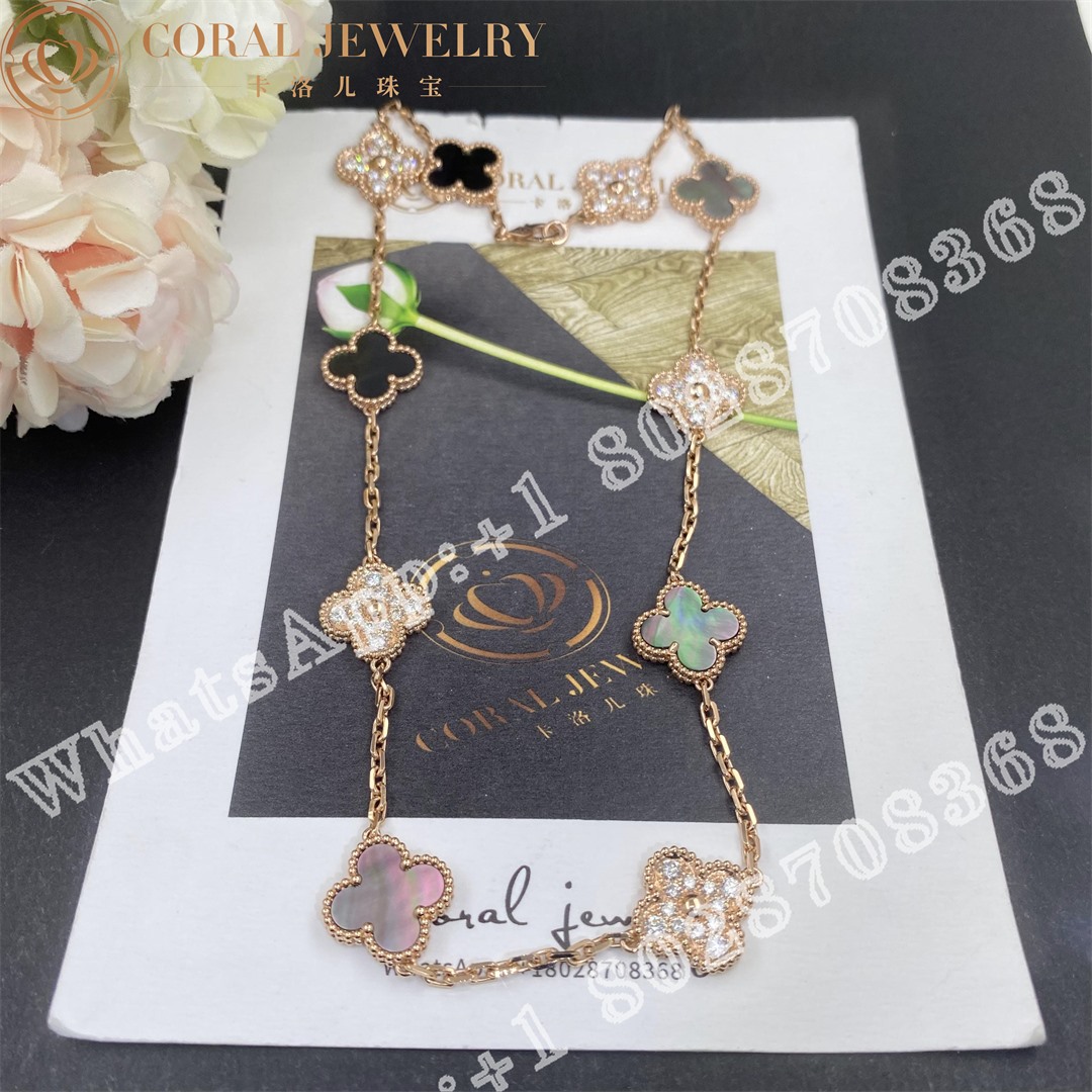 Van Cleef Arpels Vintage Alhambra Necklace 10 Motifs Rose Gold Diamond Mother Of Pearl Coral (4)