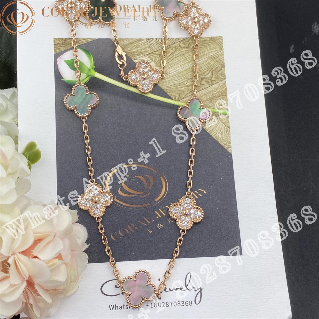 Van Cleef & Arpels Vintage Alhambra Necklace, 10 Motifs Rose Gold, Diamond, Mother-of-pearl - Image 3