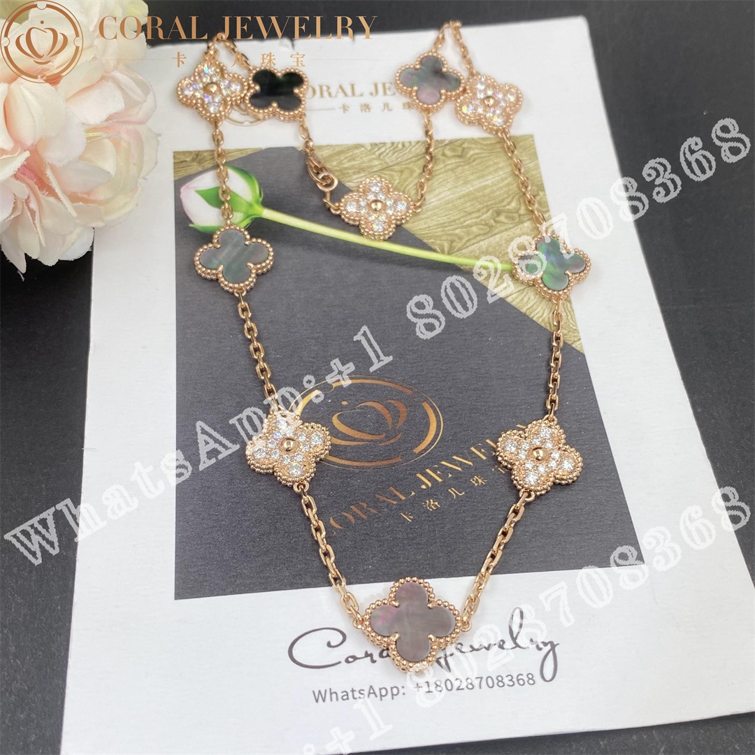 Van Cleef & Arpels Vintage Alhambra Necklace, 10 Motifs Rose Gold, Diamond, Mother-of-pearl - Image 4
