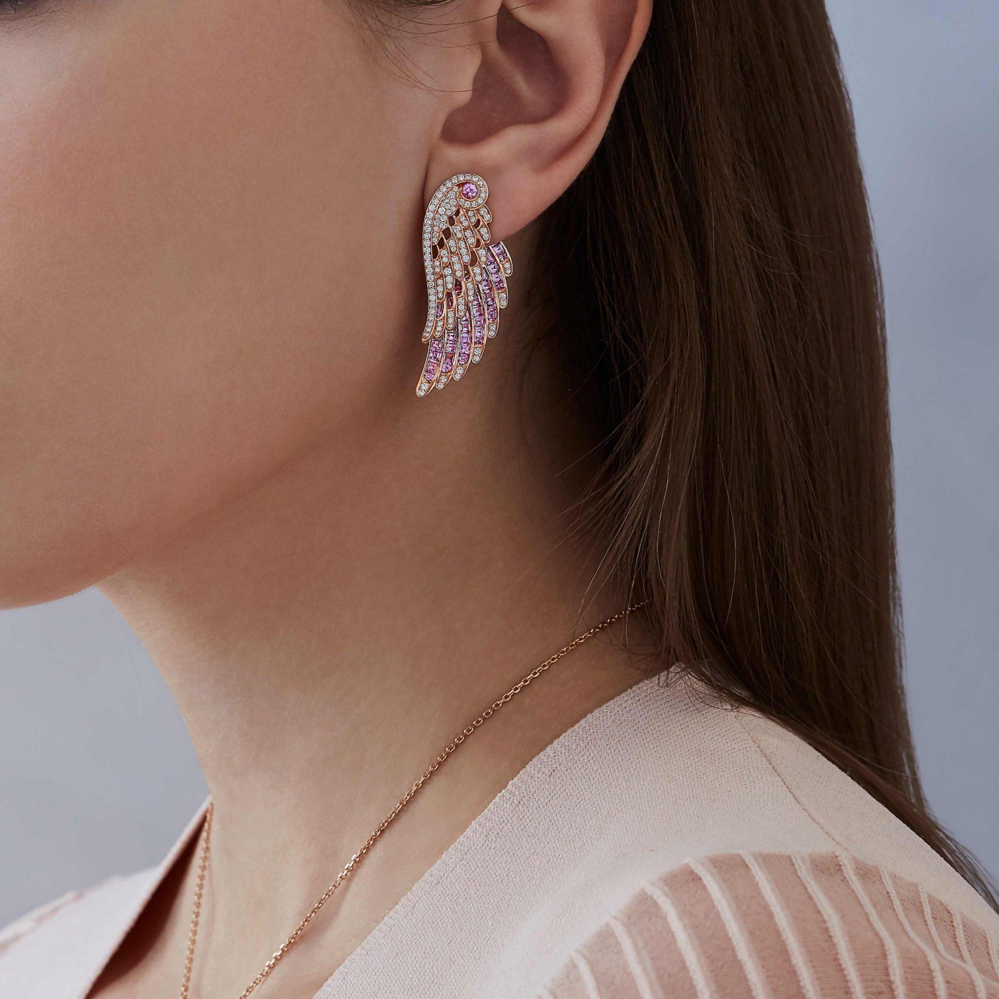 Garrard Wings Embrace Pink Sapphire and Diamond Drop Earrings In 18ct Rose Gold