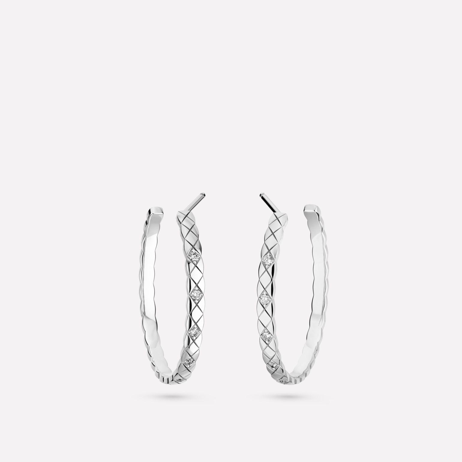 Chanel Coco Crush Hoop Earrings Quilted Motif, 18k White Gold, Diamonds J12094