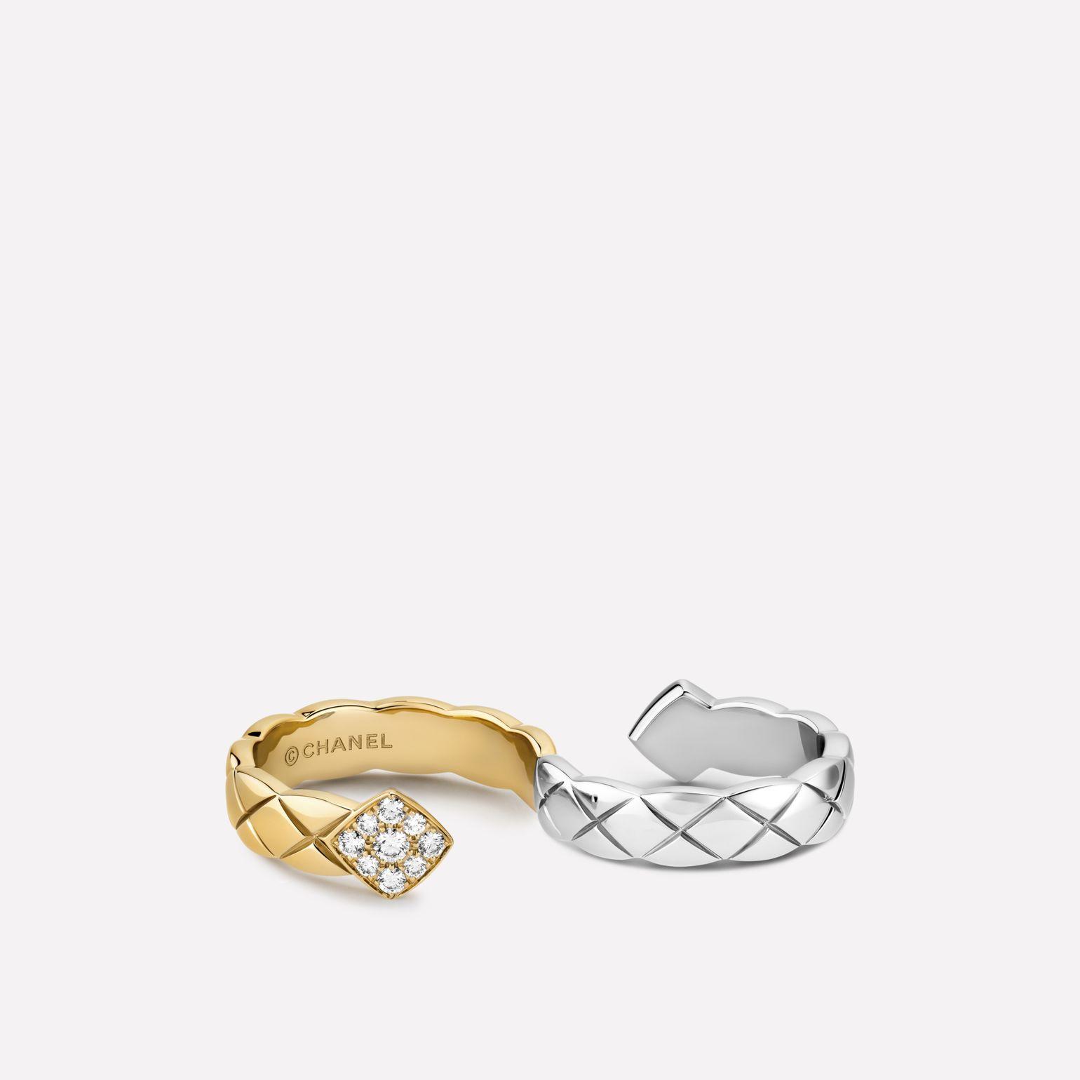 Chanel Coco Crush Two-finger Ring Quilted Motif, 18k White and Yellow Gold, Diamonds J11655