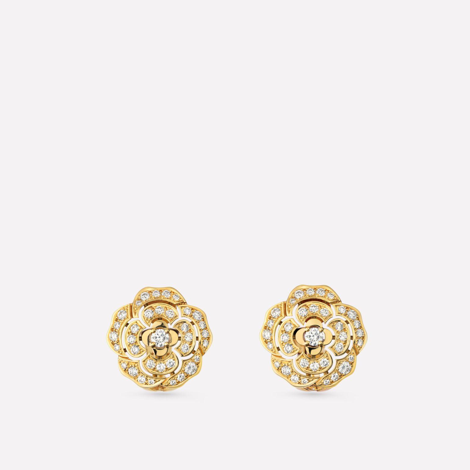 Chanel Bouton De Camelia Earrings 18k Yellow Gold Diamonds J12038