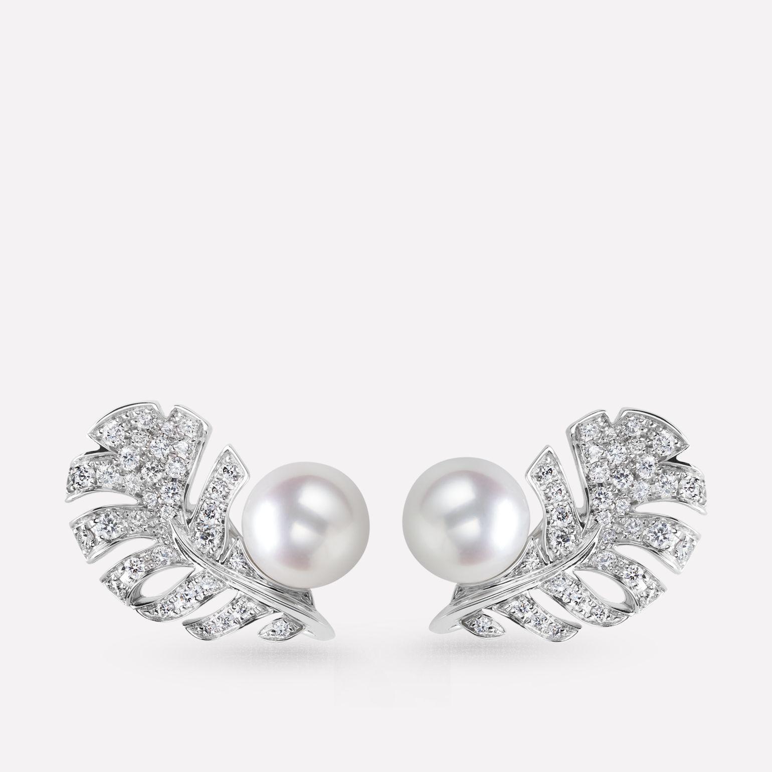 Chanel Plume De Chanel Earrings 18k White Gold, Diamonds, Cultured Pearls J10833