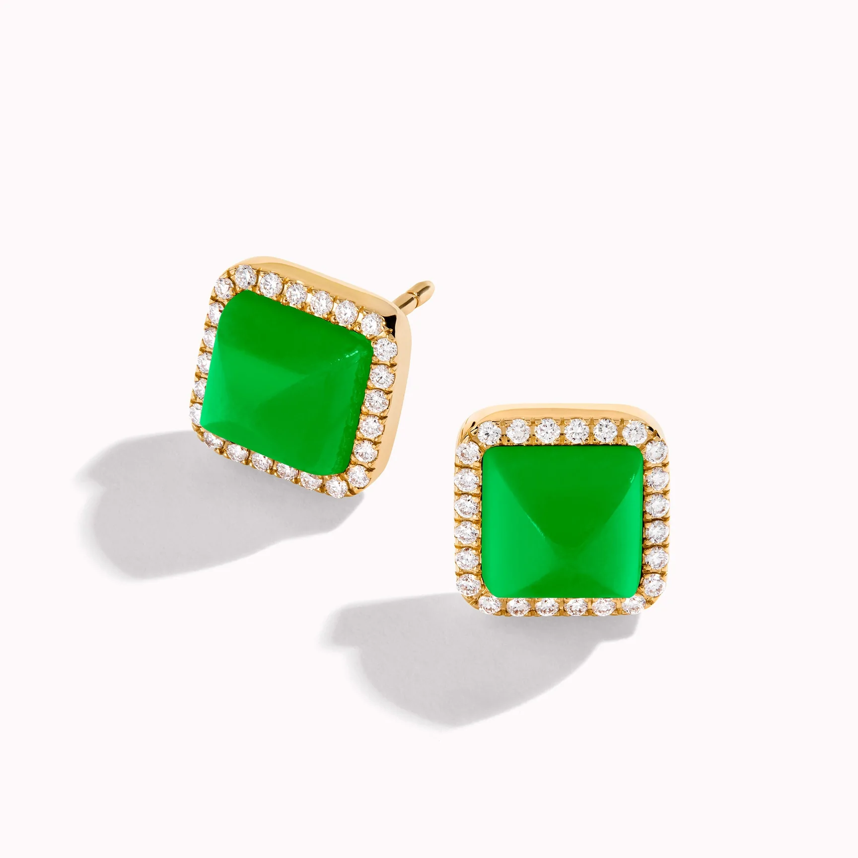 Marli Cleo Diamond Stud Pyramid Earrings In Yellow Gold set with Green Jade CLEO-E3