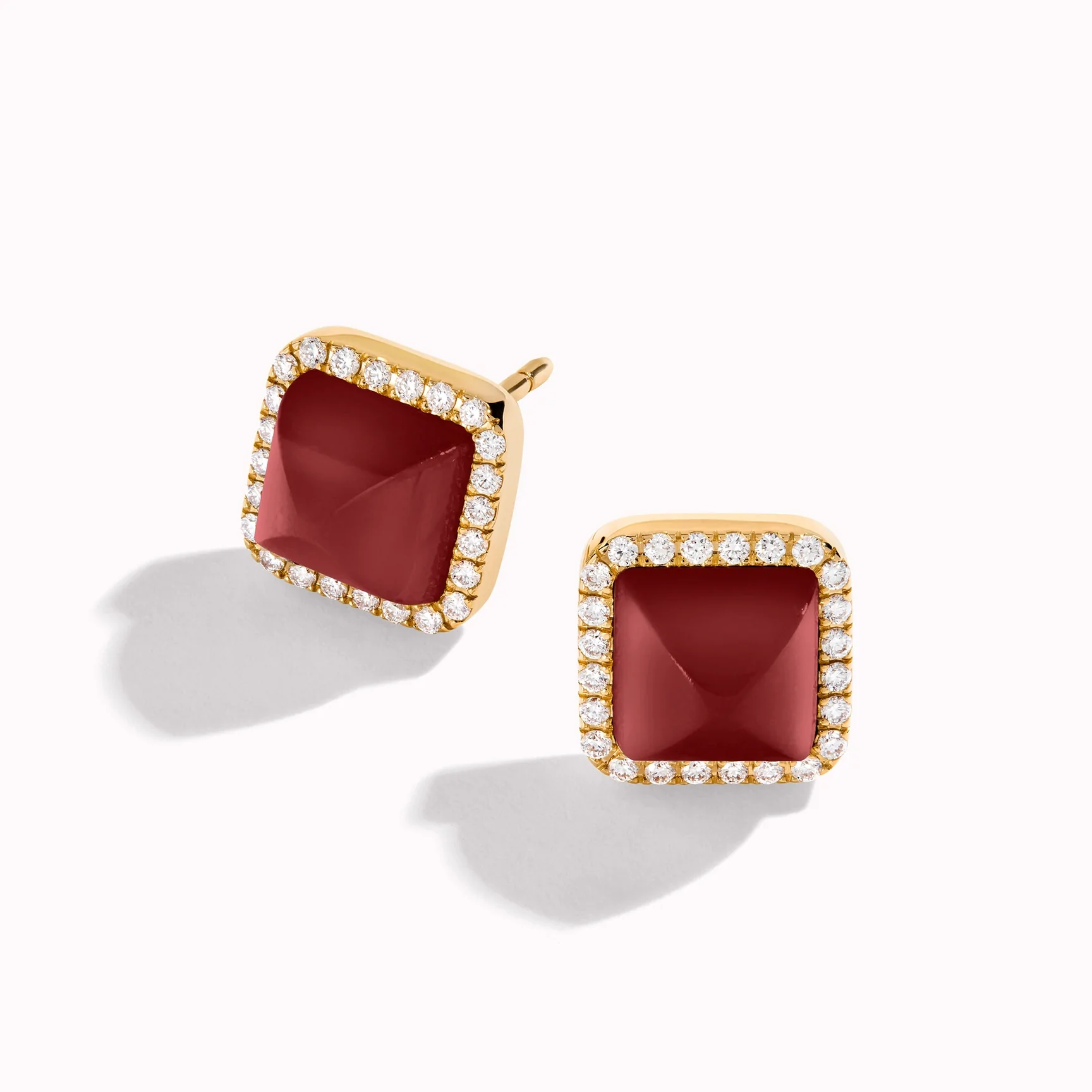 Marli Cleo Diamond Stud Pyramid Earrings In Yellow Gold set with Red Agate CLEO-E3