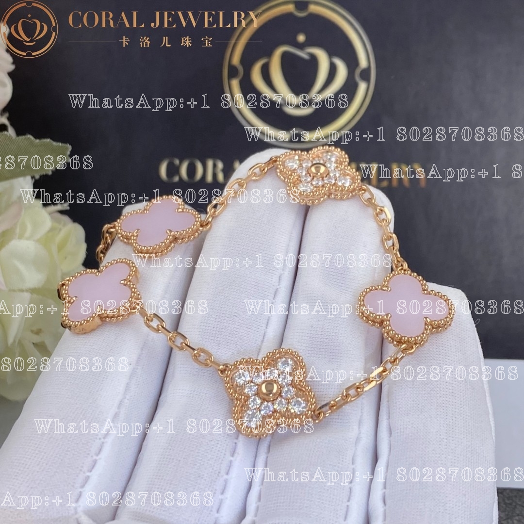 Van Cleef & Arpels Vintage Alhambra bracelet, 5 motifs Rose gold, Diamond, Pink Opal
