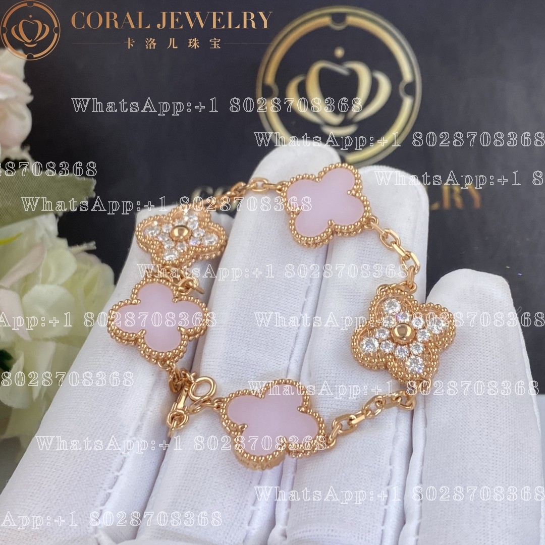 Van Cleef & Arpels Vintage Alhambra bracelet, 5 motifs Rose gold, Diamond, Pink Opal