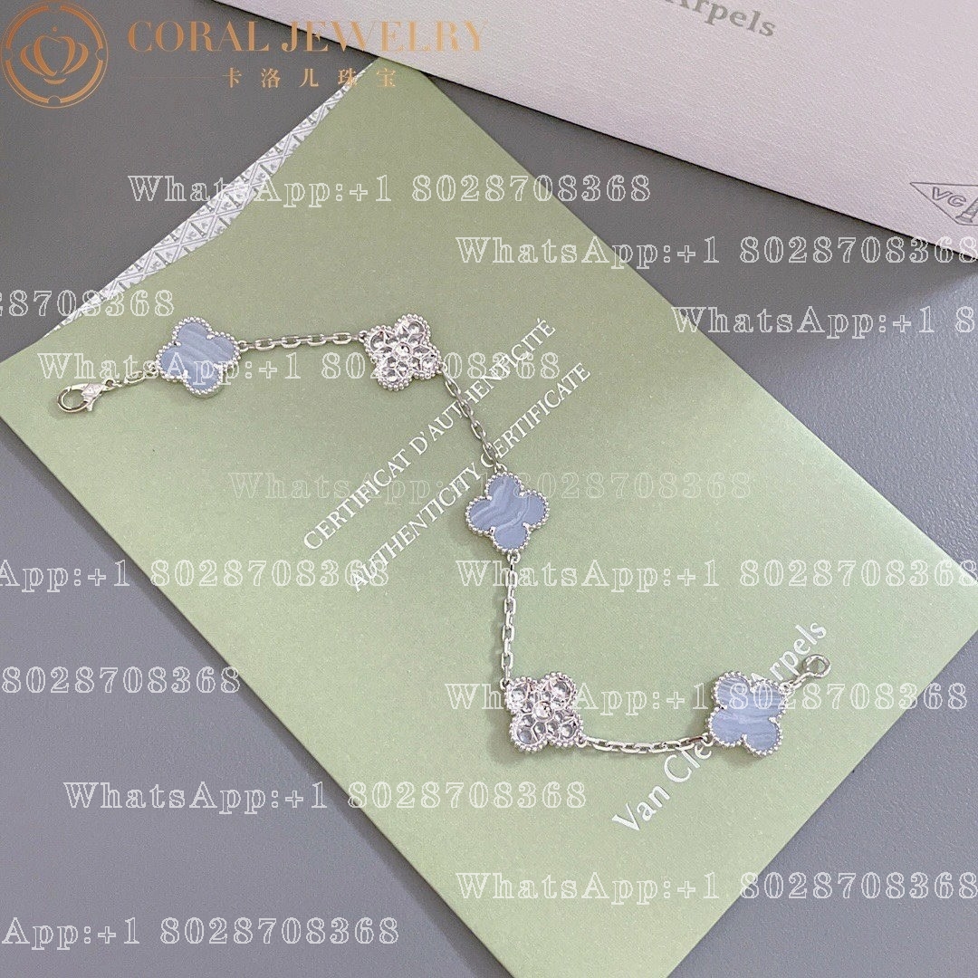 Van Cleef & Arpels Vintage Alhambra bracelet, 5 motifs White gold, Diamond, Chalcedony