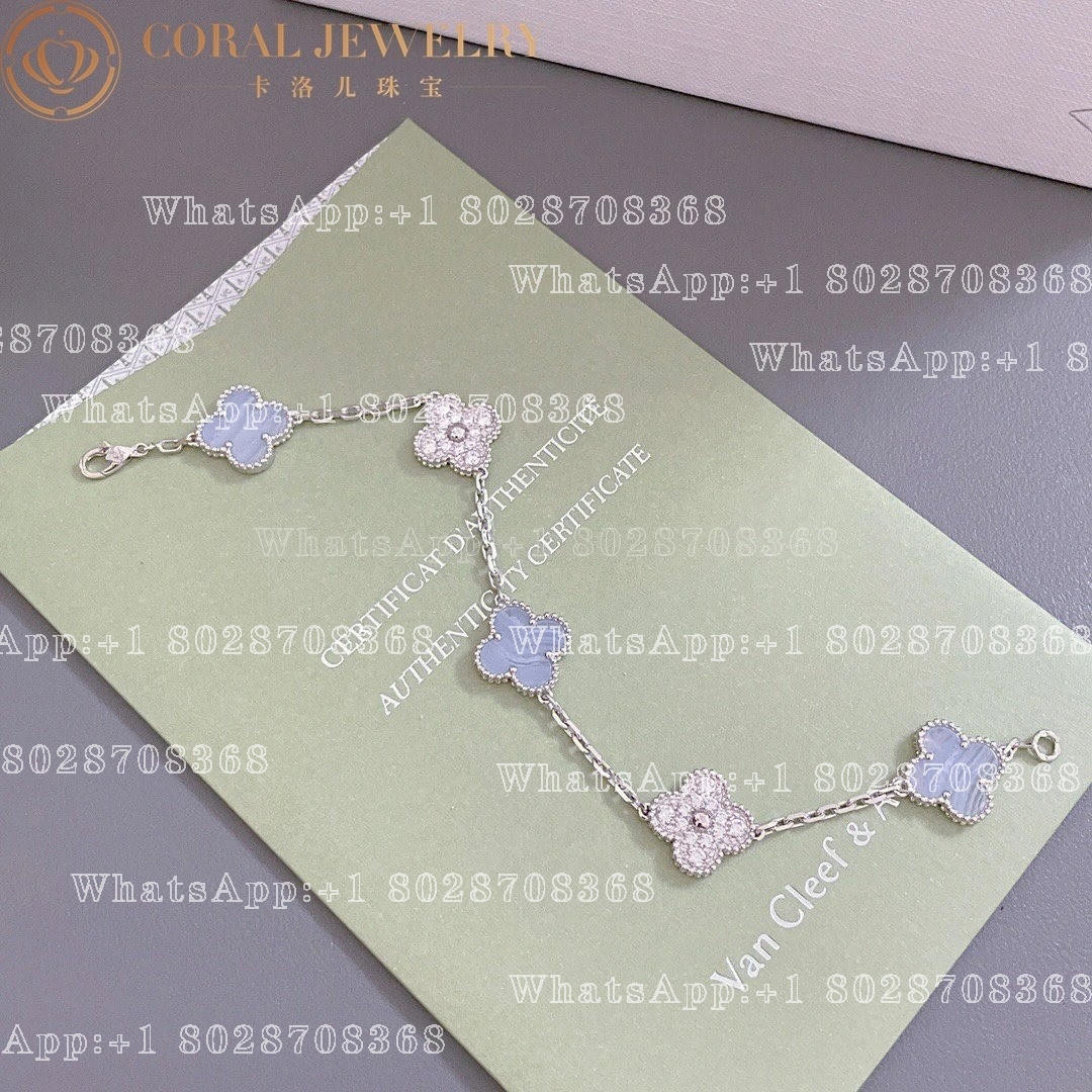 Van Cleef & Arpels Vintage Alhambra bracelet, 5 motifs White gold, Diamond, Chalcedony