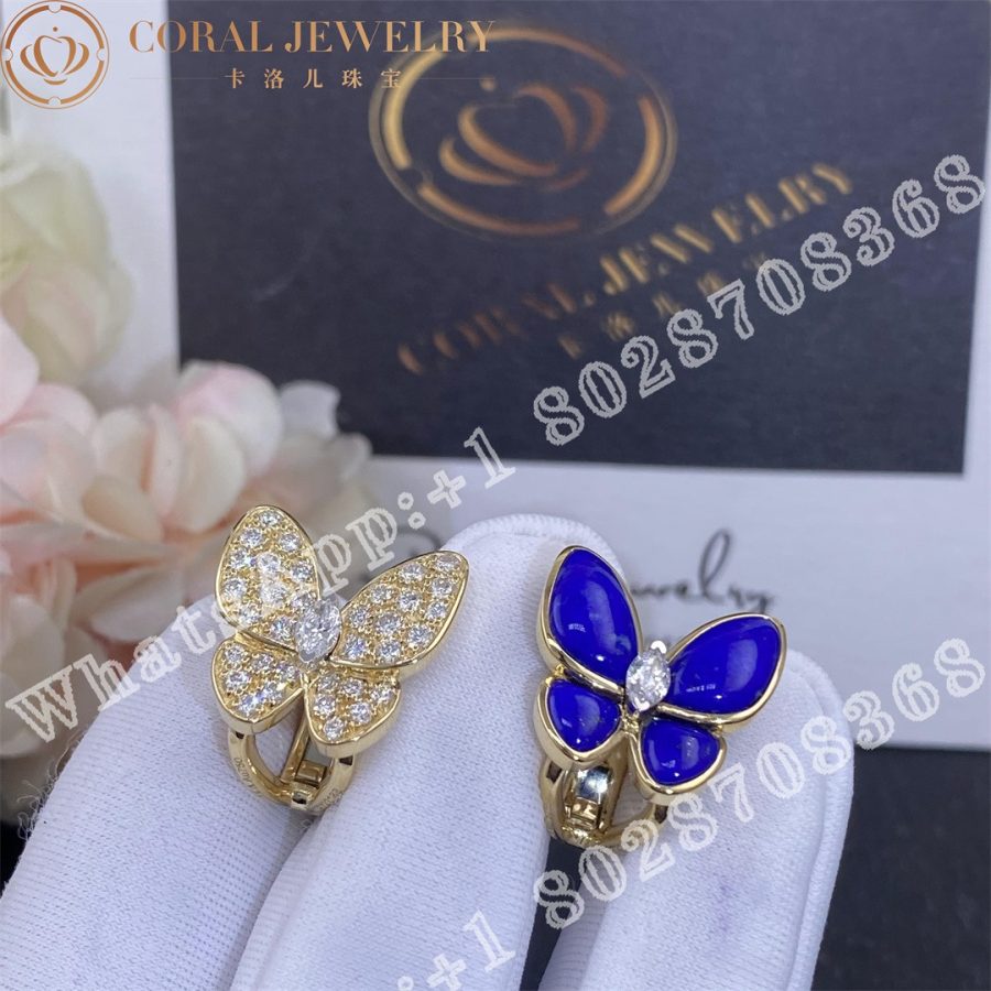 Van Cleef & Arpels Two Butterfly earrings Yellow gold, Diamond, Lapis Lazuli VCARP3DO00 - Image 4