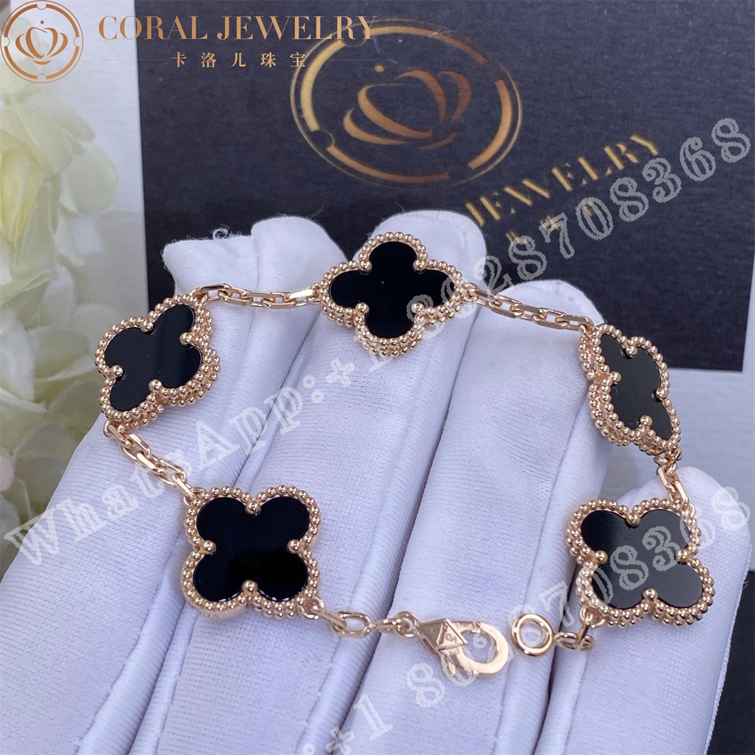 Van Cleef Arpels Vintage Alhambra 5 Motif 18k Rose Gold Onyx Bracelet Coral (3)