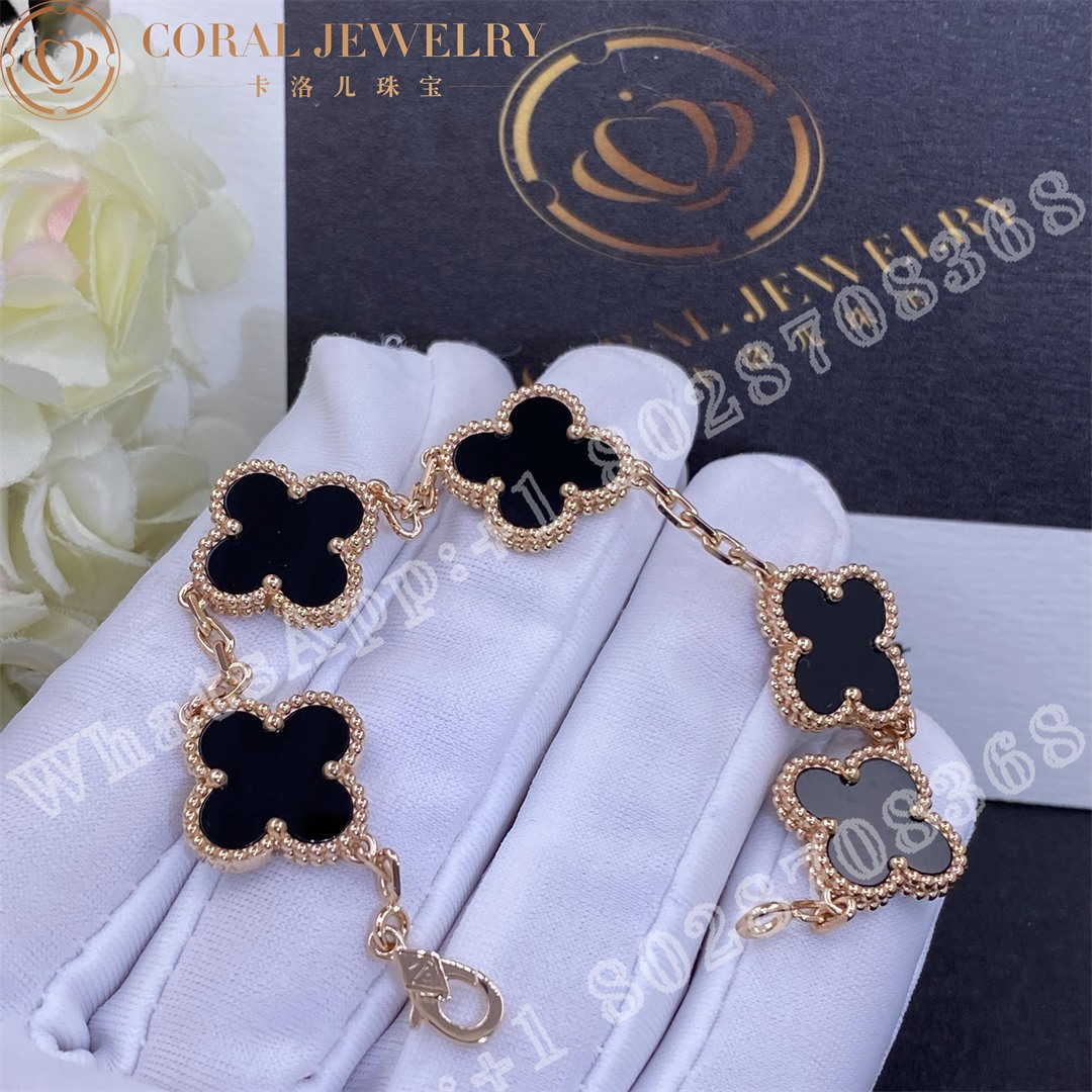 Van Cleef & Arpels Vintage Alhambra 5 Motif 18k Rose Gold Onyx Bracelet - Image 4