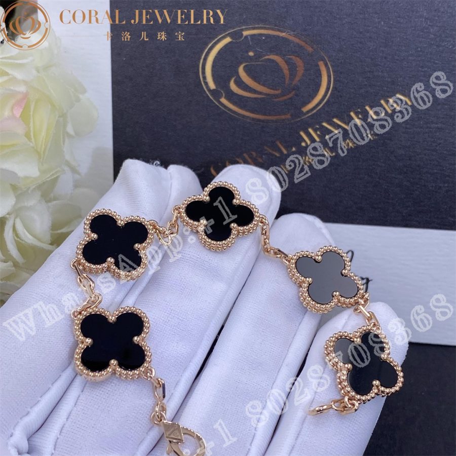 Van Cleef & Arpels Vintage Alhambra 5 Motif 18k Rose Gold Onyx Bracelet - Image 5