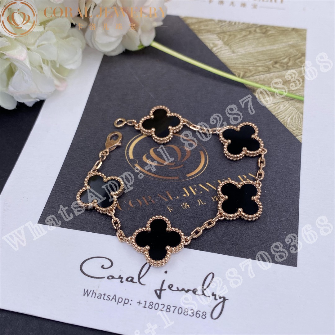 Van Cleef & Arpels Vintage Alhambra 5 Motif 18k Rose Gold Onyx Bracelet - Image 6