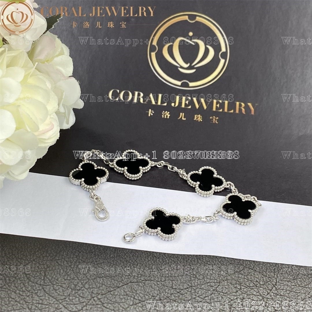 Van Cleef & Arpels Vintage Alhambra 5 Motif 18k White Gold Onyx Bracelet