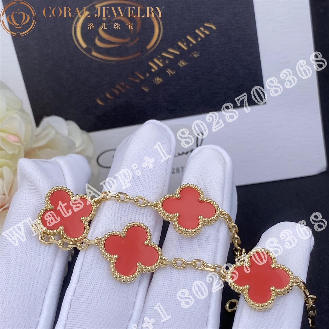 Van Cleef Arpels Vintage Alhambra 5 Motif 18k Yellow Gold Coral Bracelet Coral (1)