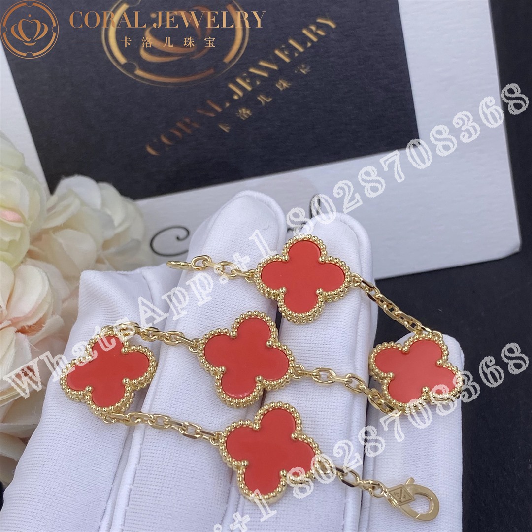 Van Cleef Arpels Vintage Alhambra 5 Motif 18k Yellow Gold Coral Bracelet Coral (3)