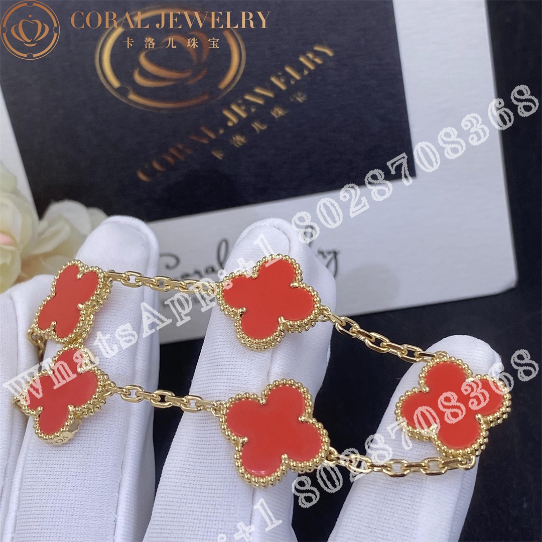 Van Cleef & Arpels Vintage Alhambra 5 Motif 18k Yellow Gold Coral Bracelet - Image 3