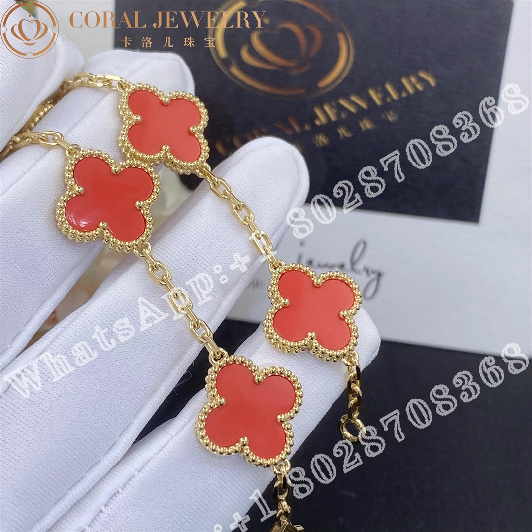 Van Cleef & Arpels Vintage Alhambra 5 Motif 18k Yellow Gold Coral Bracelet - Image 4
