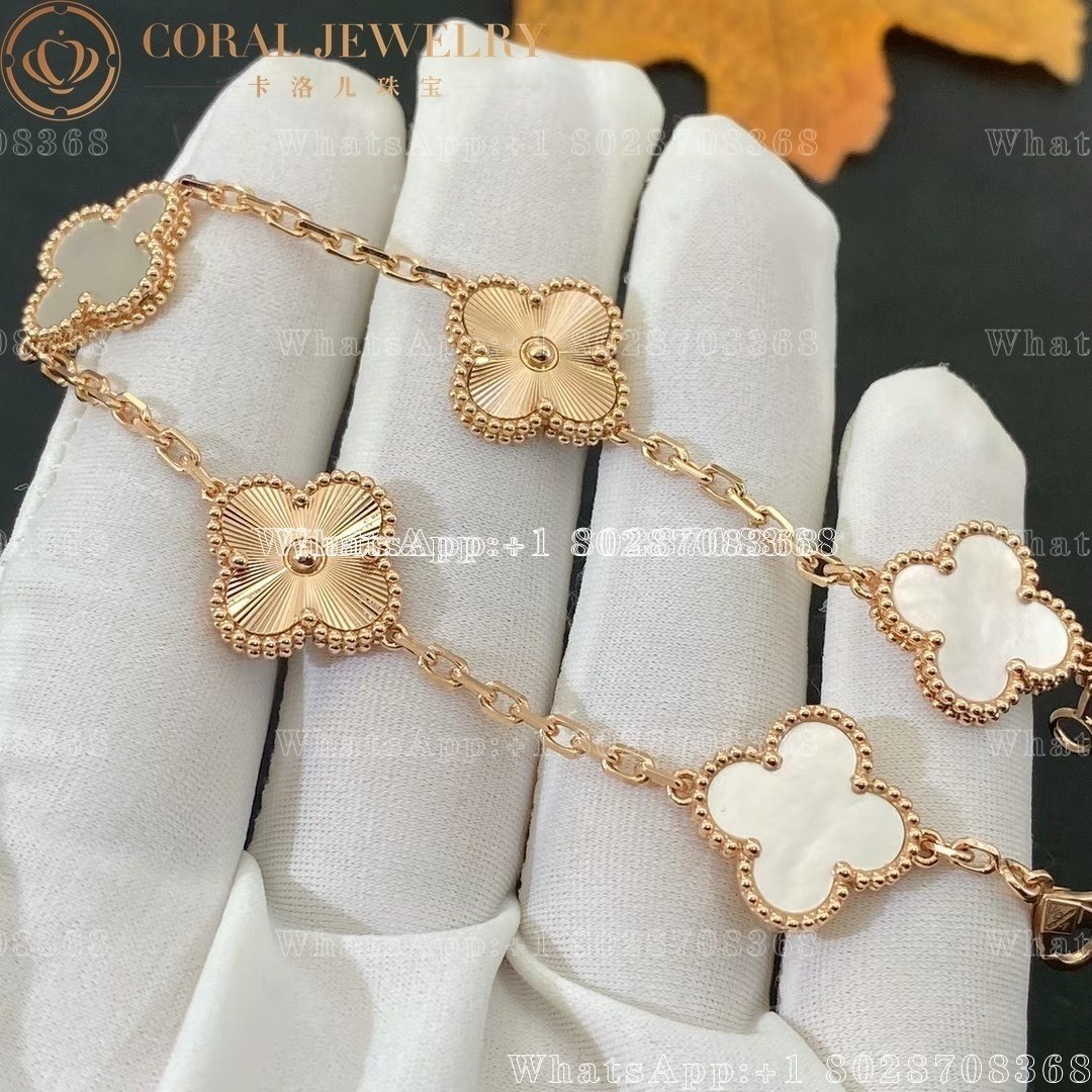Van Cleef Arpels Vintage Alhambra Bracelet 5 Motifs Rose Gold Guilloche And White Mother Of Pearl Coral (1)
