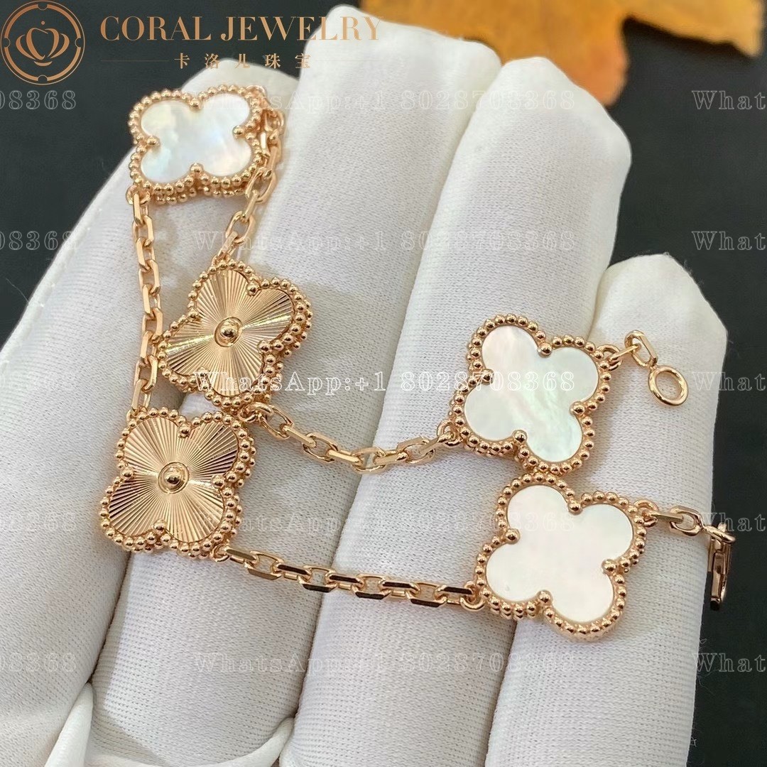 Van Cleef & Arpels Vintage Alhambra bracelet, 5 motifs Rose gold Guilloché and White mother of pearl