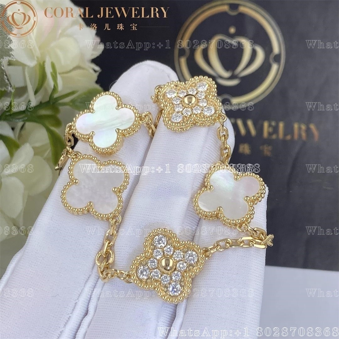 Van Cleef & Arpels Vintage Alhambra bracelet, 5 motifs Yellow gold, Diamond, Mother-of-pearl