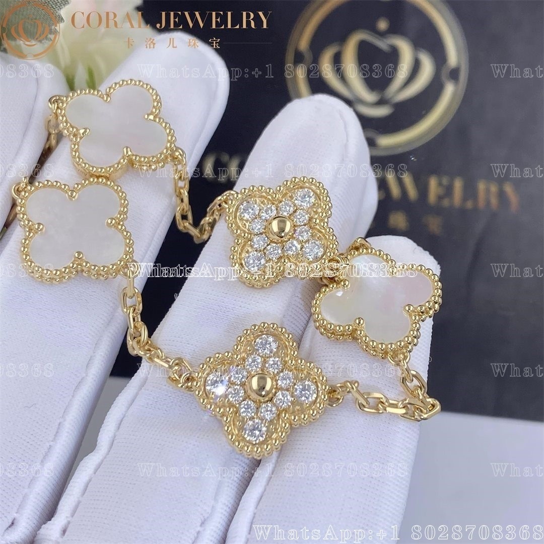 Van Cleef Arpels Vintage Alhambra Bracelet 5 Motifs Yellow Gold Diamond Mother Of Pearl Coral (3)