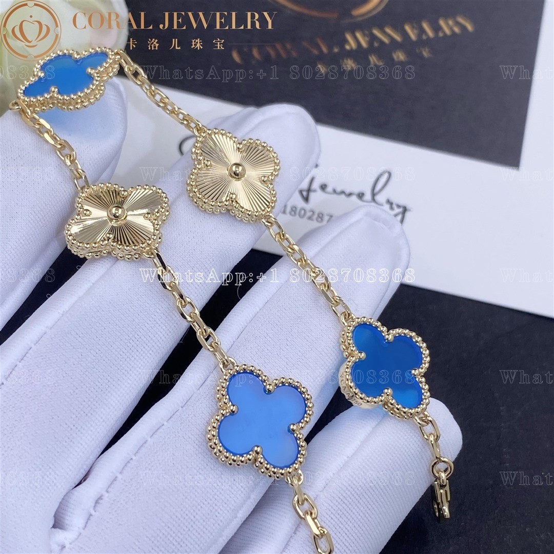 Van Cleef & Arpels Vintage Alhambra bracelet, 5 motifs Yellow gold Guilloché and Blue Agate