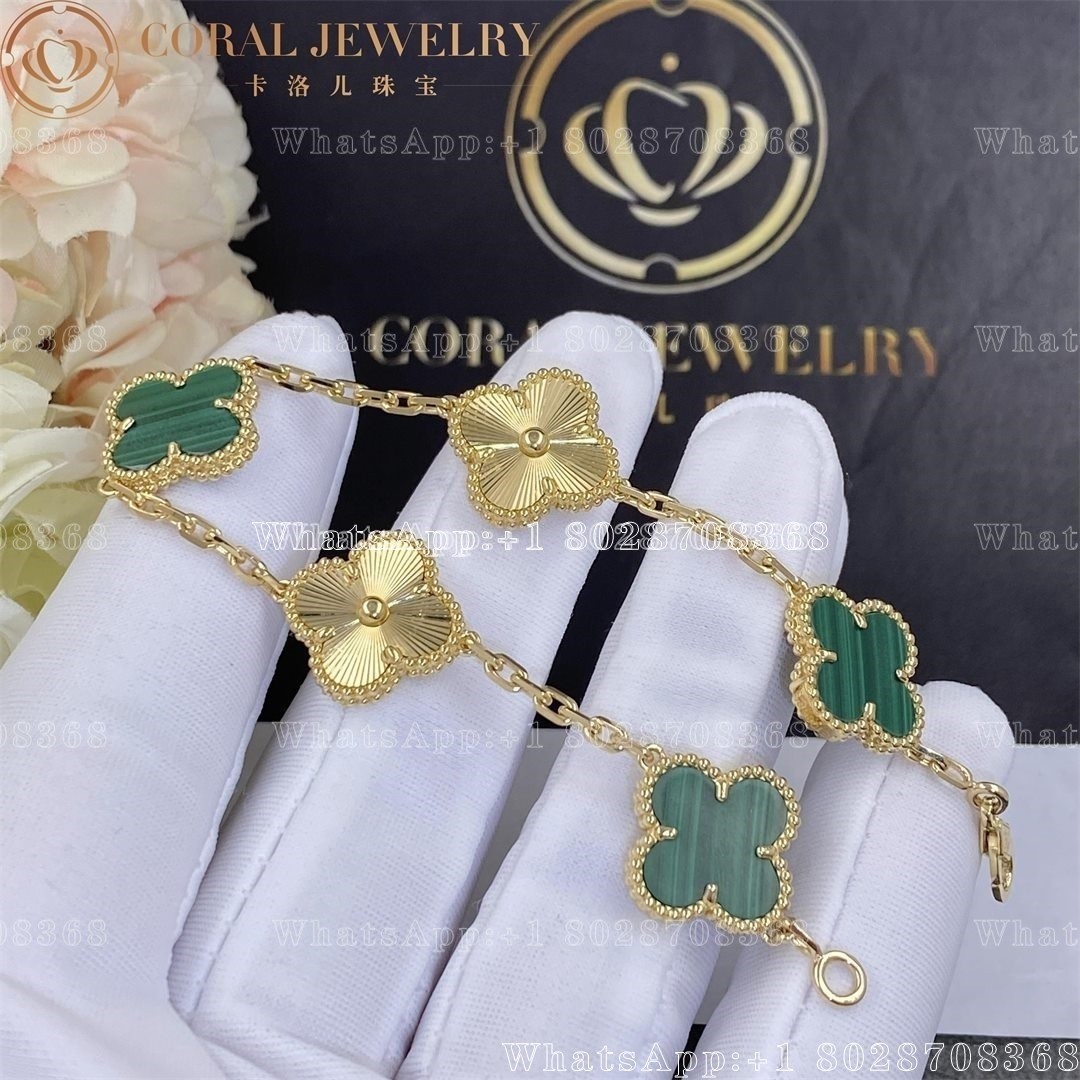 Van Cleef Arpels Vintage Alhambra Bracelet 5 Motifs Yellow Gold Guilloche And Malachite Coral (1)