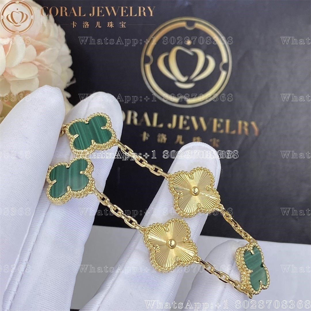 Van Cleef & Arpels Vintage Alhambra bracelet, 5 motifs Yellow gold Guilloché and Malachite