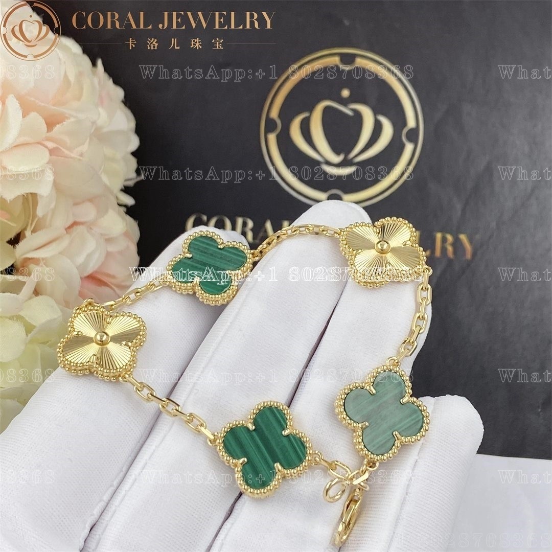 Van Cleef & Arpels Vintage Alhambra bracelet, 5 motifs Yellow gold Guilloché and Malachite