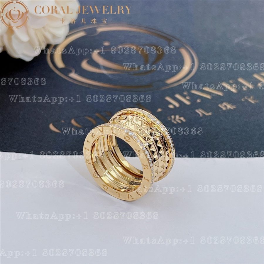 Bulgari B.zero1 Rock four-band ring in 18 kt yellow gold with studded spiral and pavé diamonds on the edges Ref.: 357894