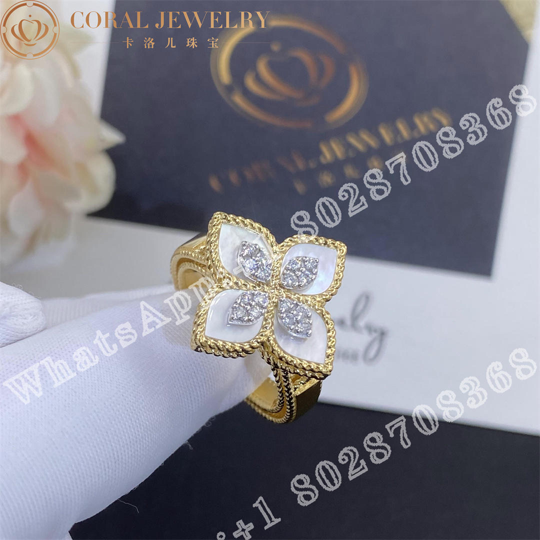 Roberto Coin Princess Flower Ring Yellow Gold Diamonds Mop 2cm Coraal (7)