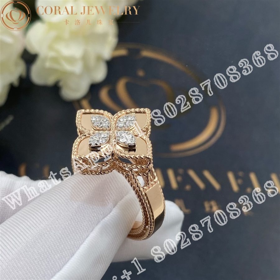 Roberto Coin Rose Gold White Diamonds Princess Flower Ring - 2cm