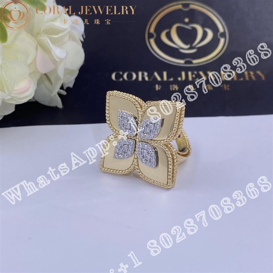 Roberto Coin Yellow Gold White Diamonds Princess Flower Ring - 3.5cm