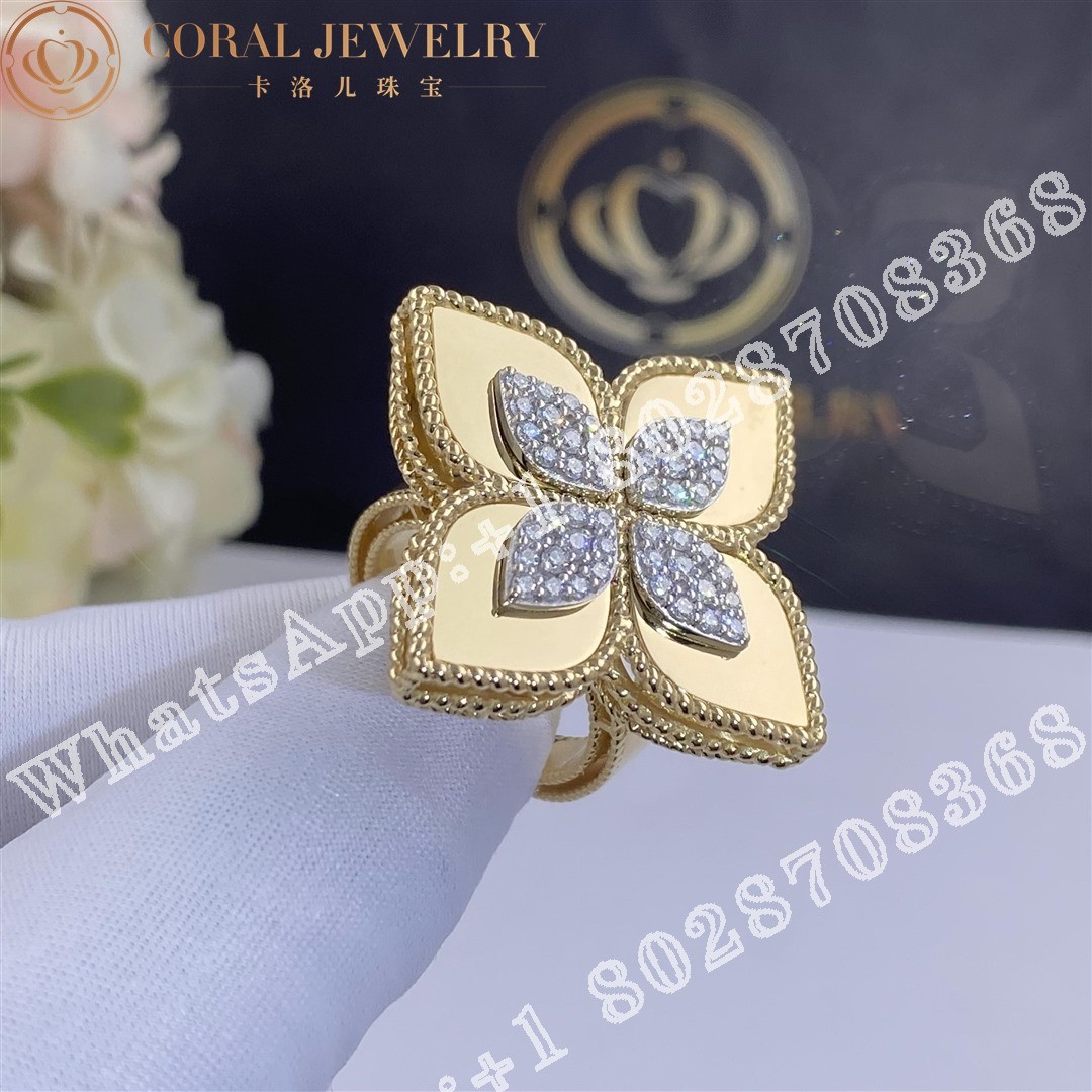 Roberto Coin Yellow Gold White Diamonds Princess Flower Ring - 3.5cm