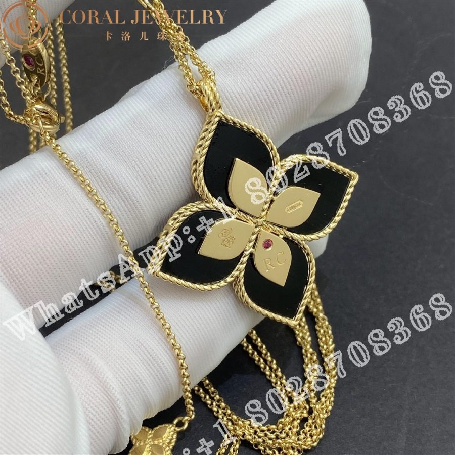 Roberto Coin Princess Flower Pendant Yellow Gold with Diamonds and Black Jade -34mm