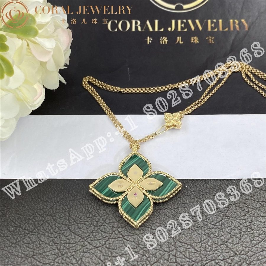 Roberto Coin Princess Flower Pendant Yellow Gold with Diamonds and Malachite -34mm