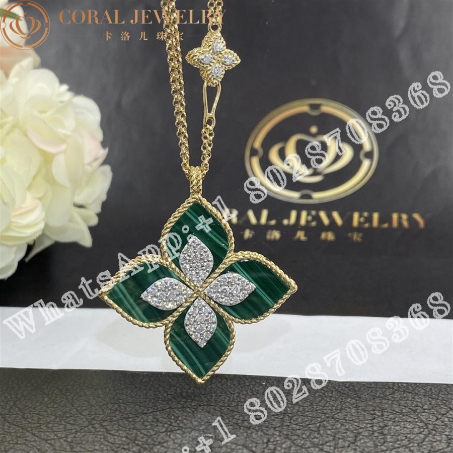 Roberto Coin Princess Flower Pendant Yellow Gold with Diamonds and Malachite -34mm