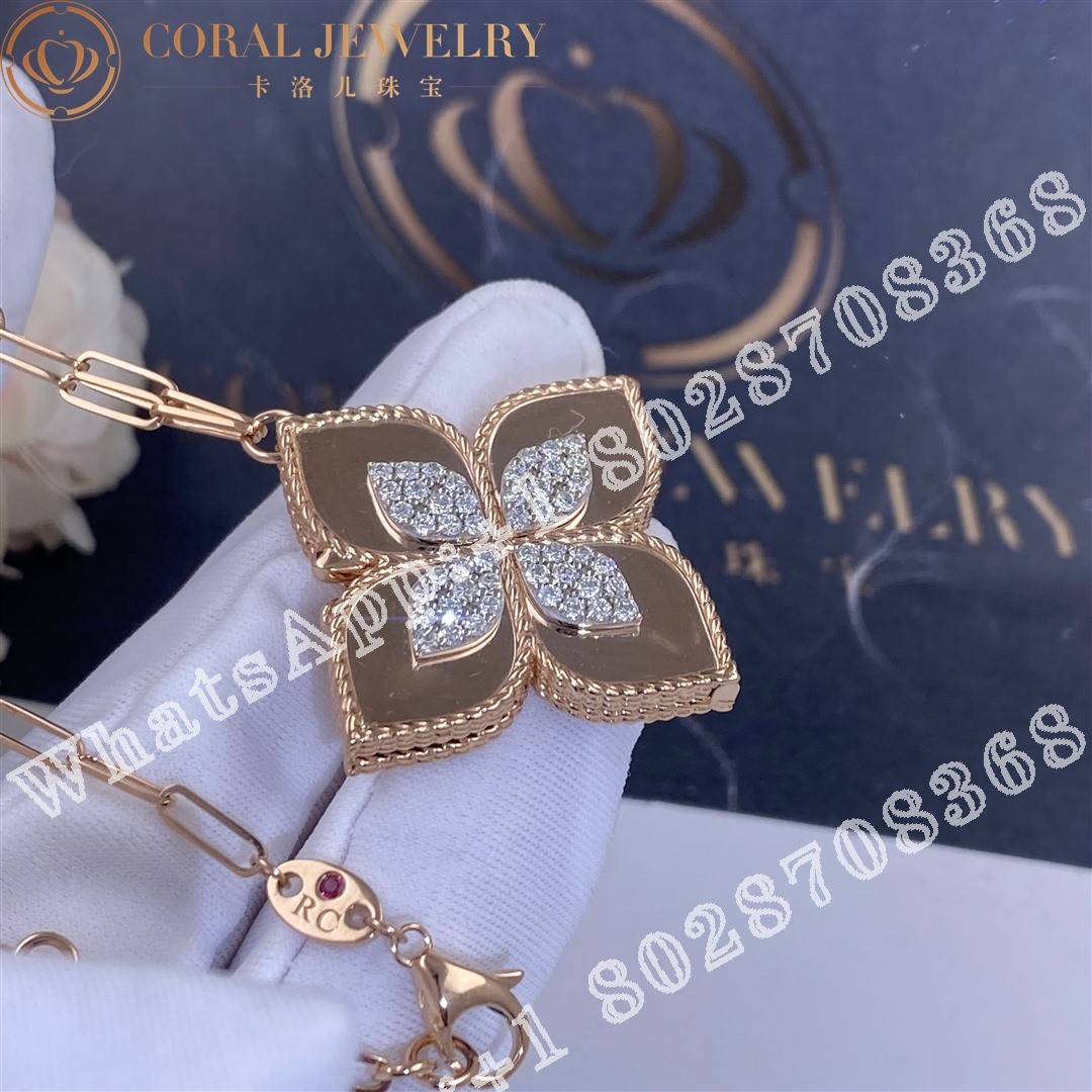 Roberto Coin Princess Flower Rose Gold Diamond Locket Necklace