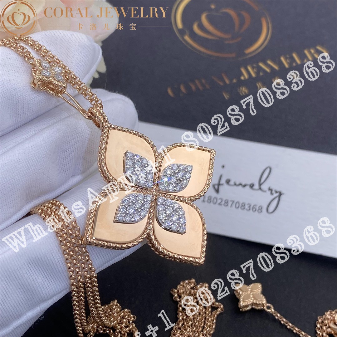 Roberto Coin Yellow Gold Diamond Princess Flower Rose Gold Necklace - 3.5cm