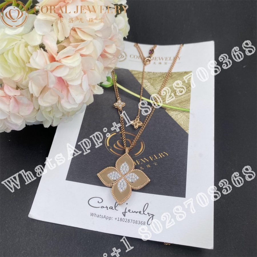 Roberto Coin Yellow Gold Diamond Princess Flower Rose Gold Necklace - 3.5cm