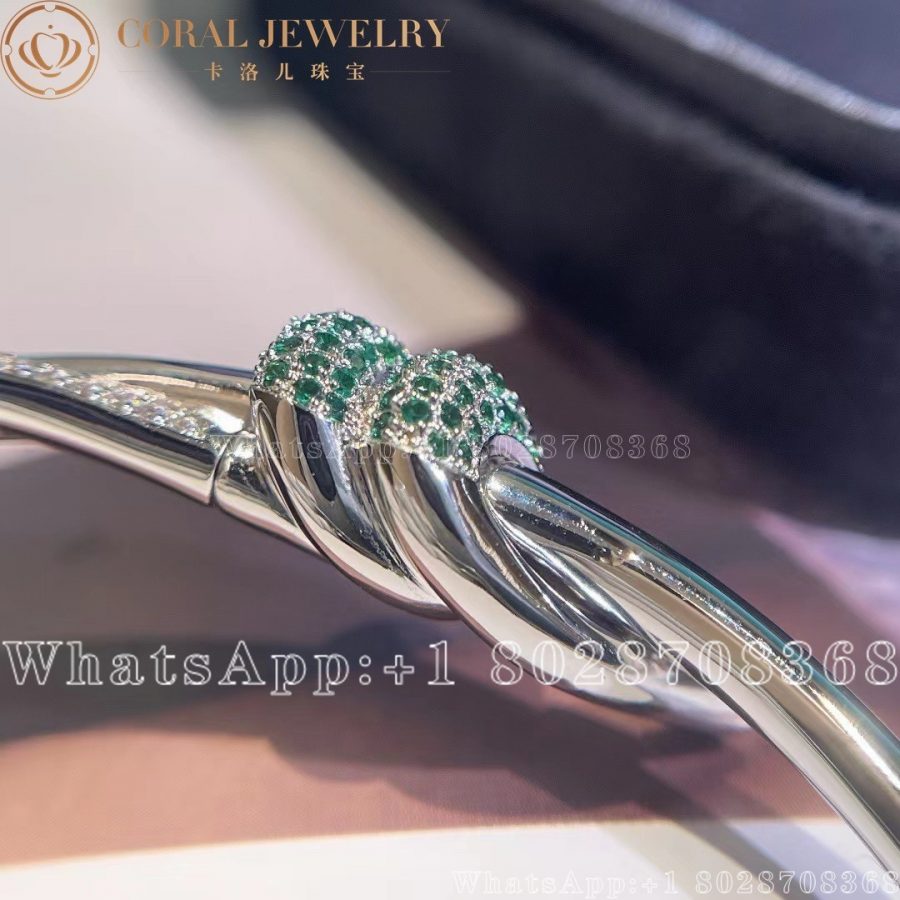 Tiffany Knot Double Row Hinged Bangle in White Gold with Diamonds and Emeralds - Image 5