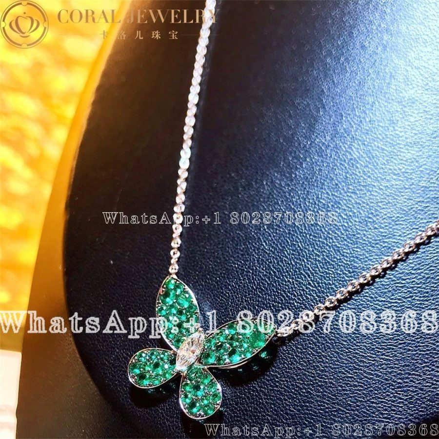 Graff Butterfly 18 Karat White Gold Diamond and Emeralds Pendant Necklace - Image 3