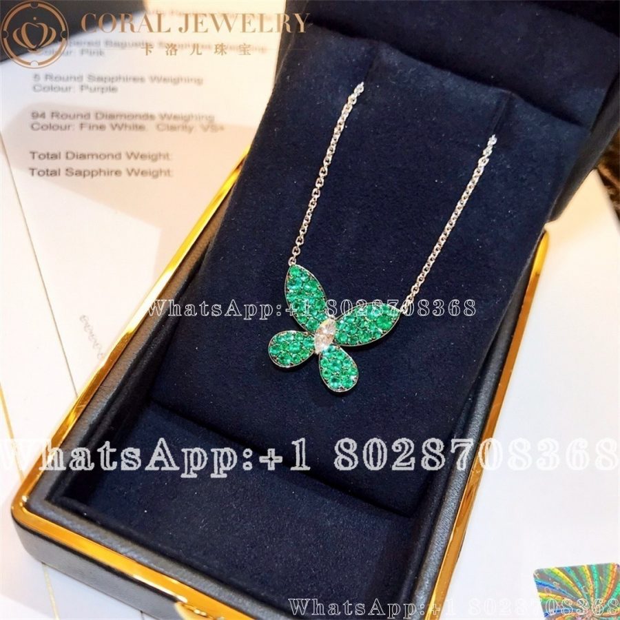 Graff Butterfly 18 Karat White Gold Diamond and Emeralds Pendant Necklace - Image 4