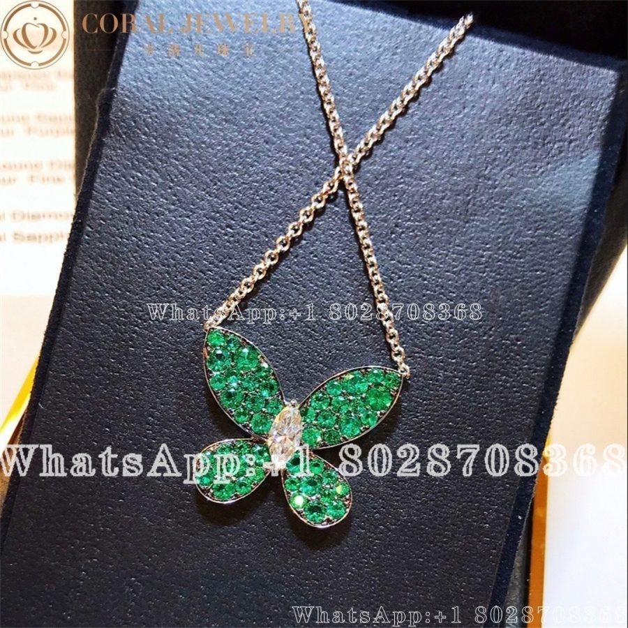 Graff Butterfly 18 Karat White Gold Diamond and Emeralds Pendant Necklace - Image 6