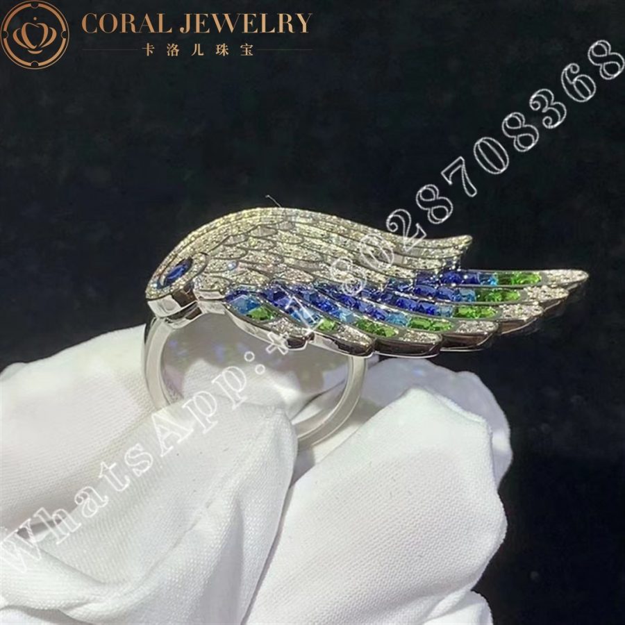 Garrard Wings Embrace Peacock Ring In 18ct White Gold with Diamonds, Sapphires, Tsavorites and Aquamarines - Image 3