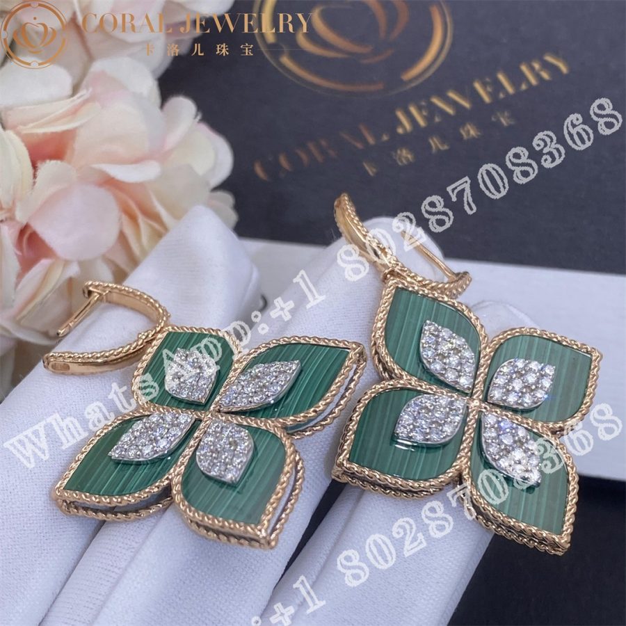 Roberto Coin Princess Flower Earrings with Diamonds and Malachite 3.5cm - Image 3