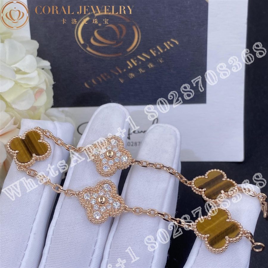 Van Cleef & Arpels Vintage Alhambra bracelet, 5 motifs 18K rose gold, Diamond, Tiger Eye - Image 4